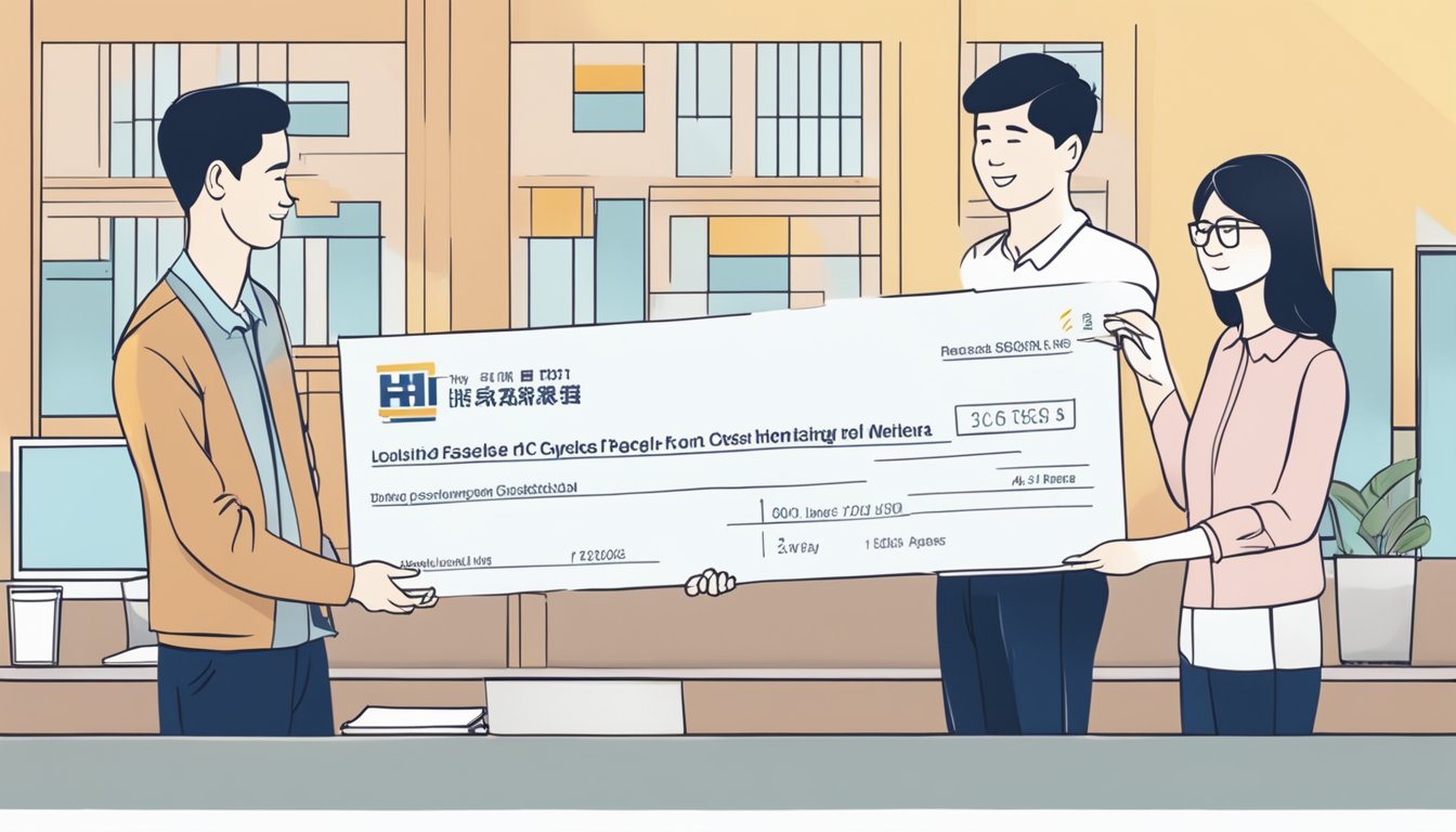A couple hands over a check to a housing agent at an HDB BTO office in Singapore