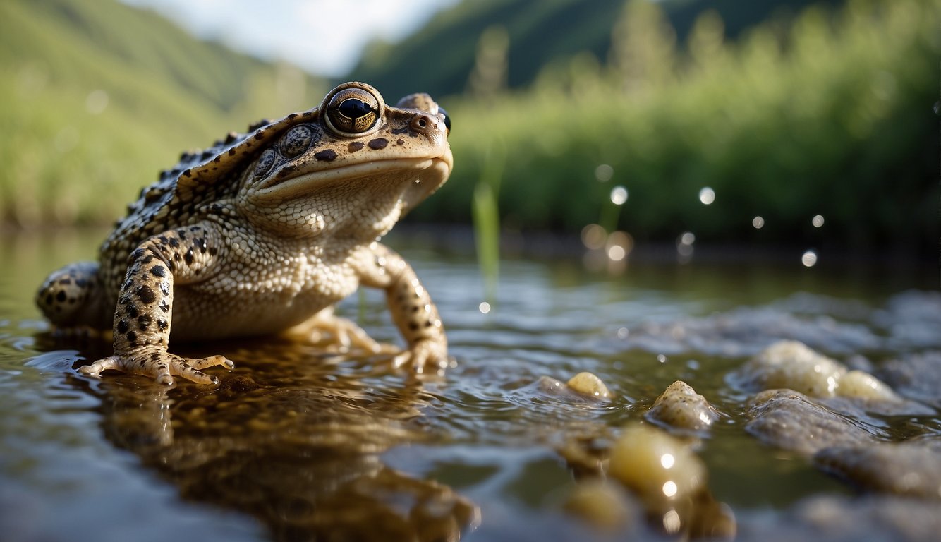 A toad hops on land, while a frog leaps into the water.

Their skin textures differ: toads have rough, bumpy skin, while frogs have smoother, moist skin