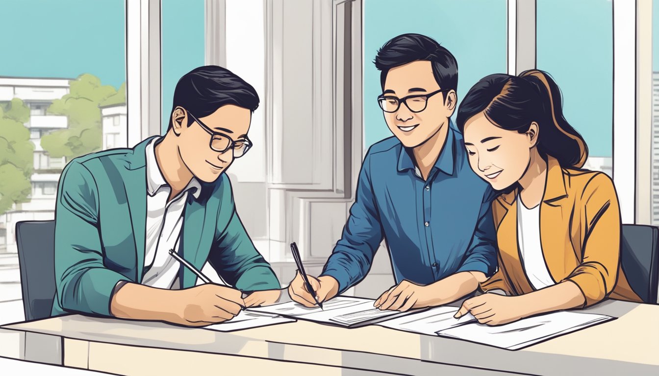 A couple signing paperwork at a housing agency, while a real estate agent explains various downpayment schemes for HDB BTO in Singapore