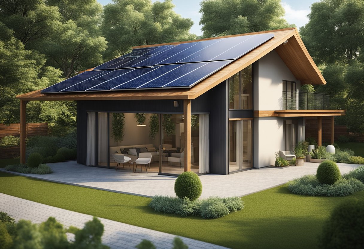 A sustainable house with solar panels, a rainwater collection system, and green landscaping