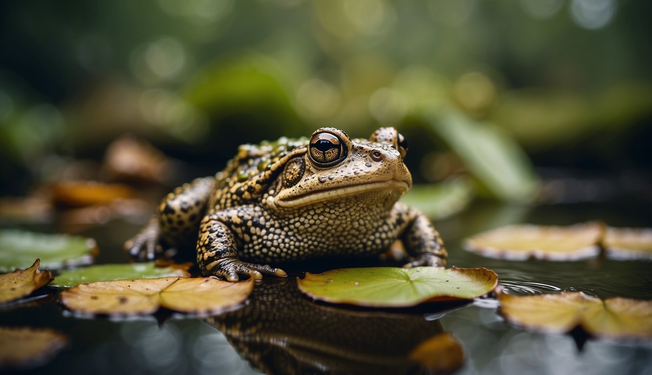 A toad sits on the damp forest floor, surrounded by fallen leaves and moss.

Nearby, a frog perches on a lily pad in a serene pond, surrounded by reeds and water lilies
