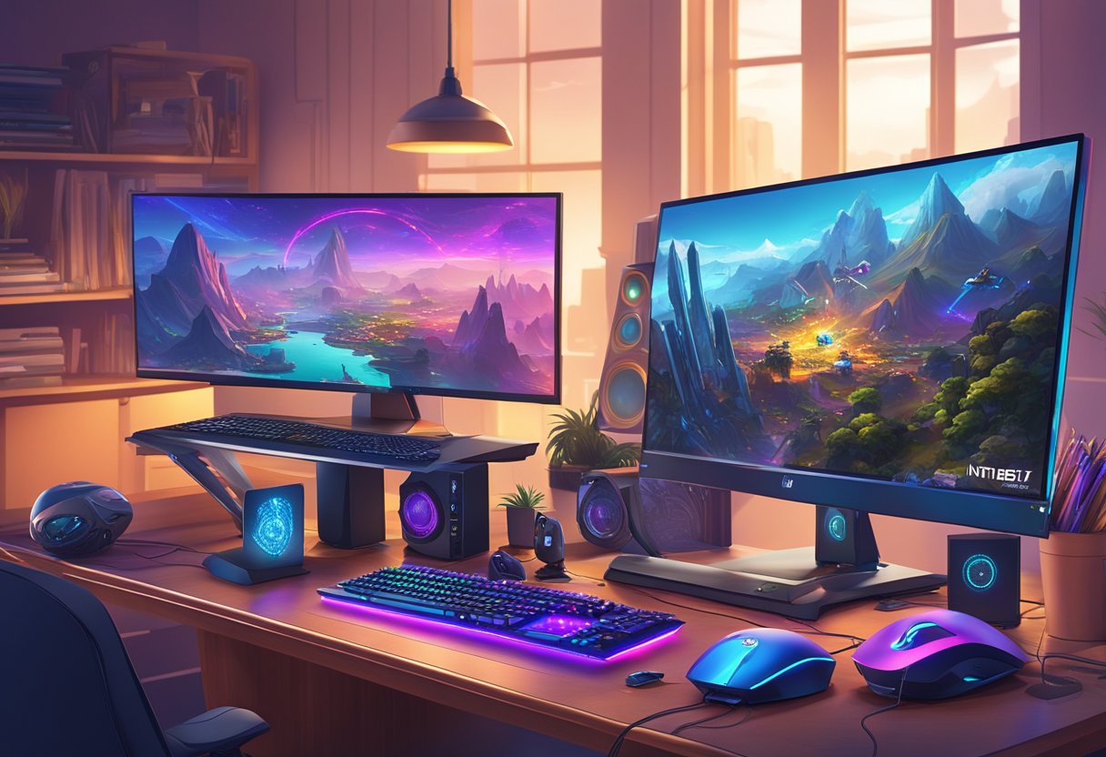 An Intel Core i7 processor sits on a sleek, modern desk, surrounded by high-tech gaming peripherals and a vibrant, action-packed gaming scene displayed on a large monitor