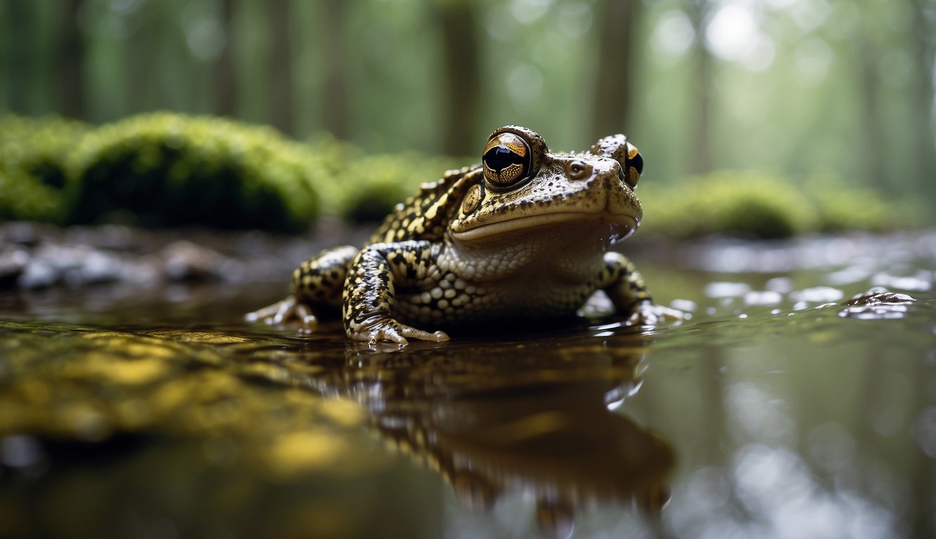 A toad hops through a damp forest, catching insects with its long, sticky tongue.

Meanwhile, a frog sits near a pond, waiting to snatch up passing flies with its quick, flicking tongue