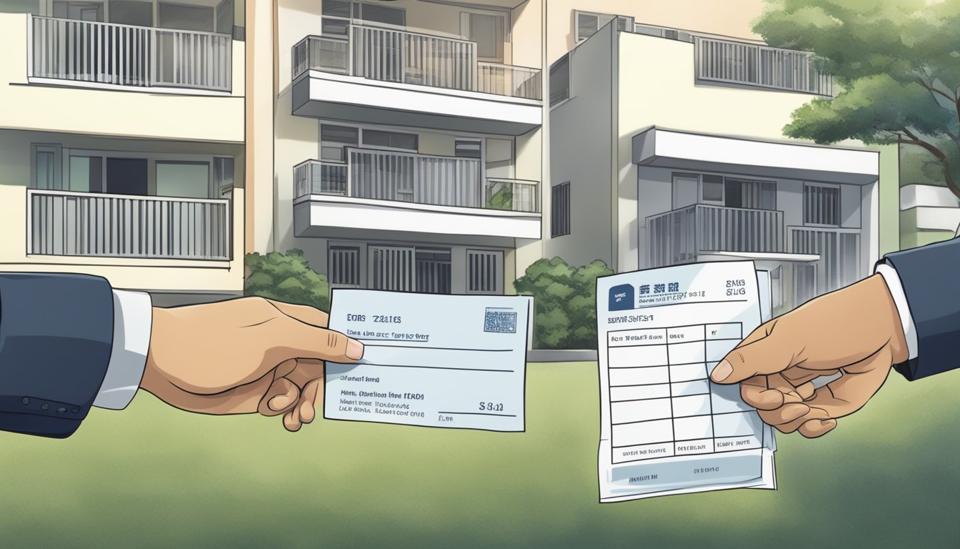A couple hands over a check to a real estate agent in front of a HDB resale flat in Singapore