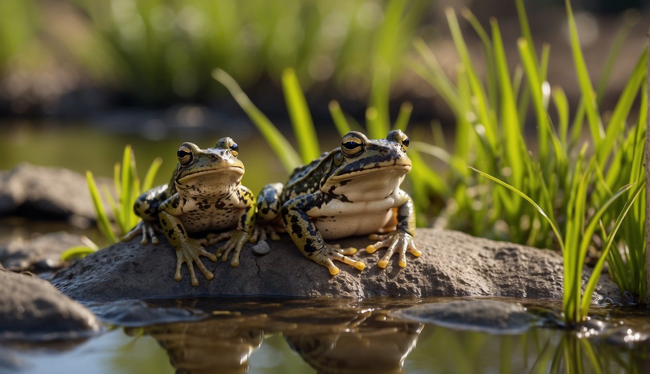 Two amphibians, a toad and a frog, sit side by side in a wetland habitat.

The toad has dry, bumpy skin and short hind legs, while the frog has smooth, moist skin and long hind legs