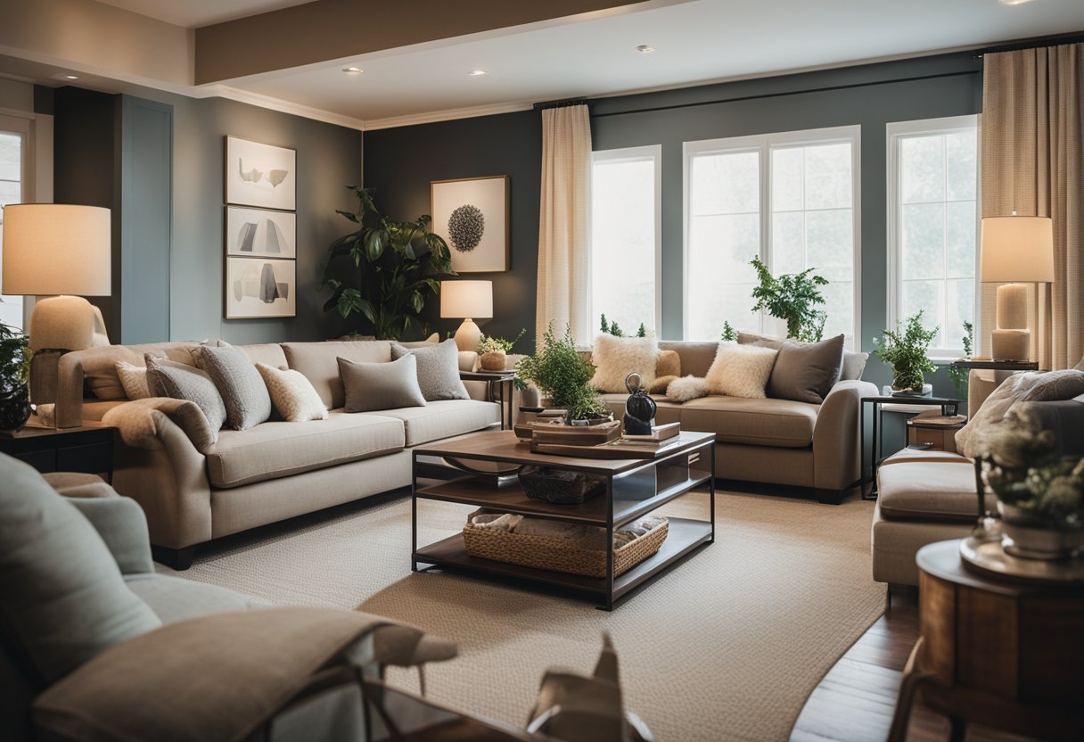 A cozy living room with a variety of sofas in different styles and colors, with soft lighting and comfortable decor