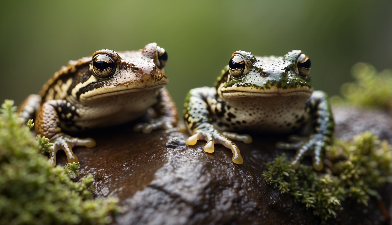 A toad and a frog sit side by side, showcasing their physical differences.

The toad has dry, bumpy skin and shorter hind legs, while the frog has smooth, moist skin and longer hind legs