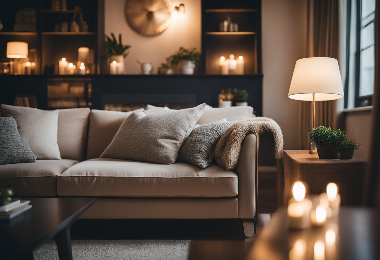 A cozy sofa as the focal point of a living room, surrounded by soft lighting and decorative pillows, creating a warm and inviting atmosphere
