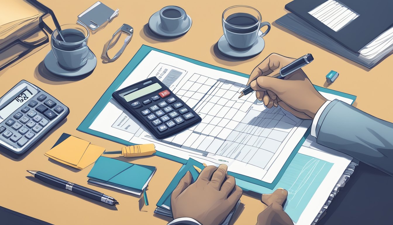 A hand holding a check, surrounded by a calculator, paperwork, and keys on a table
