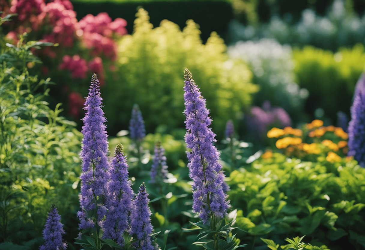 A variety of perennial plants in a Danish garden, showcasing vibrant colors and lush foliage