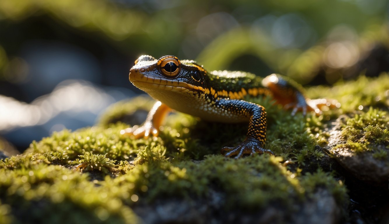 A newt crawls out of the water onto a mossy rock, its sleek body glistening in the sunlight.

Its long tail and smooth skin set it apart from other amphibians nearby