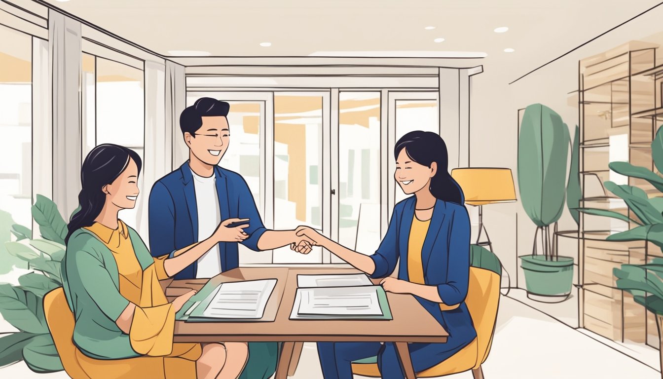 The couple signs the downpayment agreement for their HDB resale flat in Singapore, exchanging smiles and shaking hands with the real estate agent