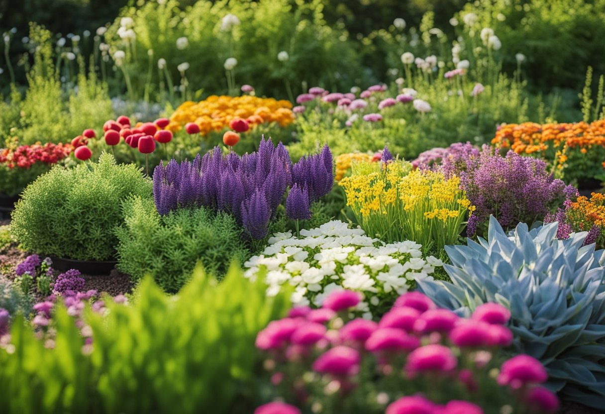 A variety of perennial plants arranged in a colorful garden bed, with labels indicating the best choices for Danish gardens