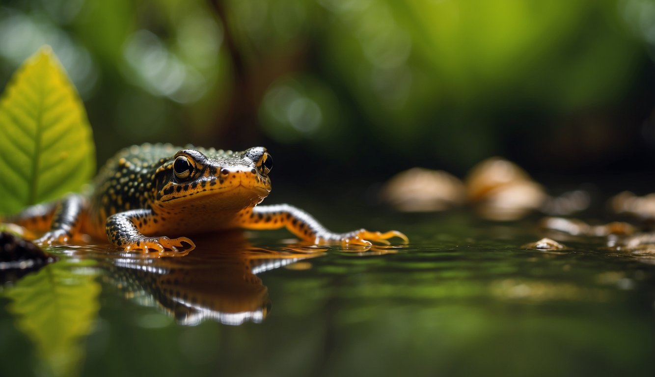 A newt swims gracefully in a clear, shallow pond, surrounded by lush vegetation and small insects.

Its slender body and vibrant colors set it apart from other amphibians