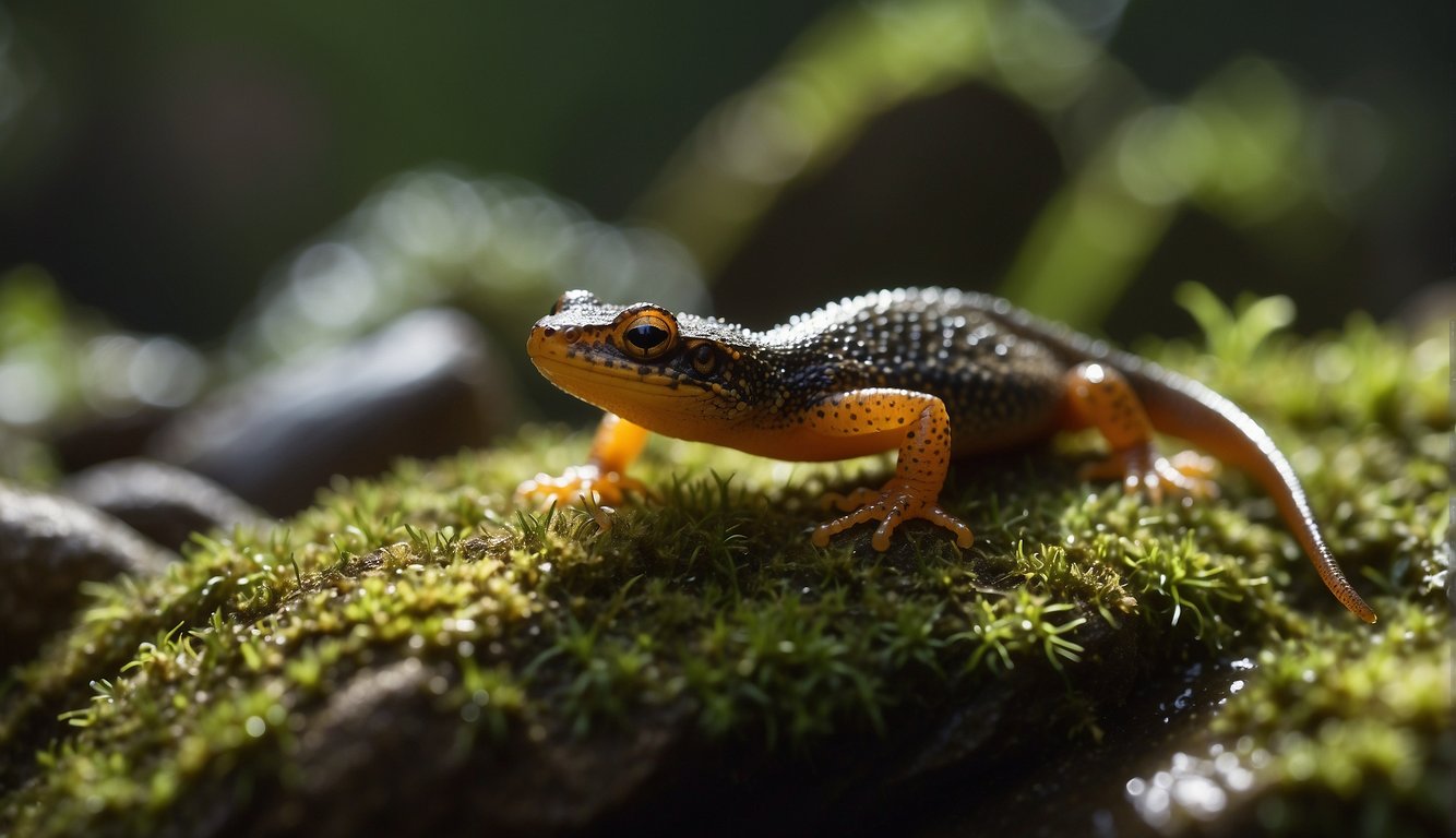 A newt crawls out of the water onto a mossy rock, its skin glistening in the sunlight.

It extends its long, slender tongue to catch a passing insect, showcasing its unique hunting behavior