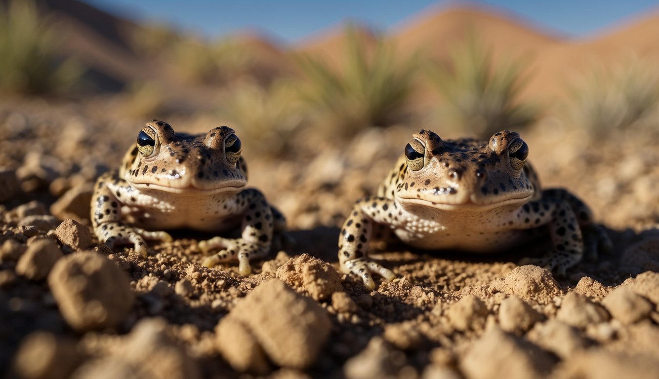 Various desert amphibians, such as spadefoot toads and desert frogs, survive by burrowing underground during the day and emerging at night to feed and breed