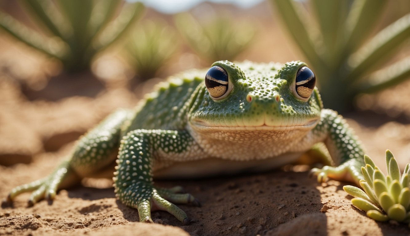 Desert amphibians hop and crawl among cacti and rocks, seeking shelter from the scorching sun.

They blend into the sandy terrain, camouflaged in earthy tones