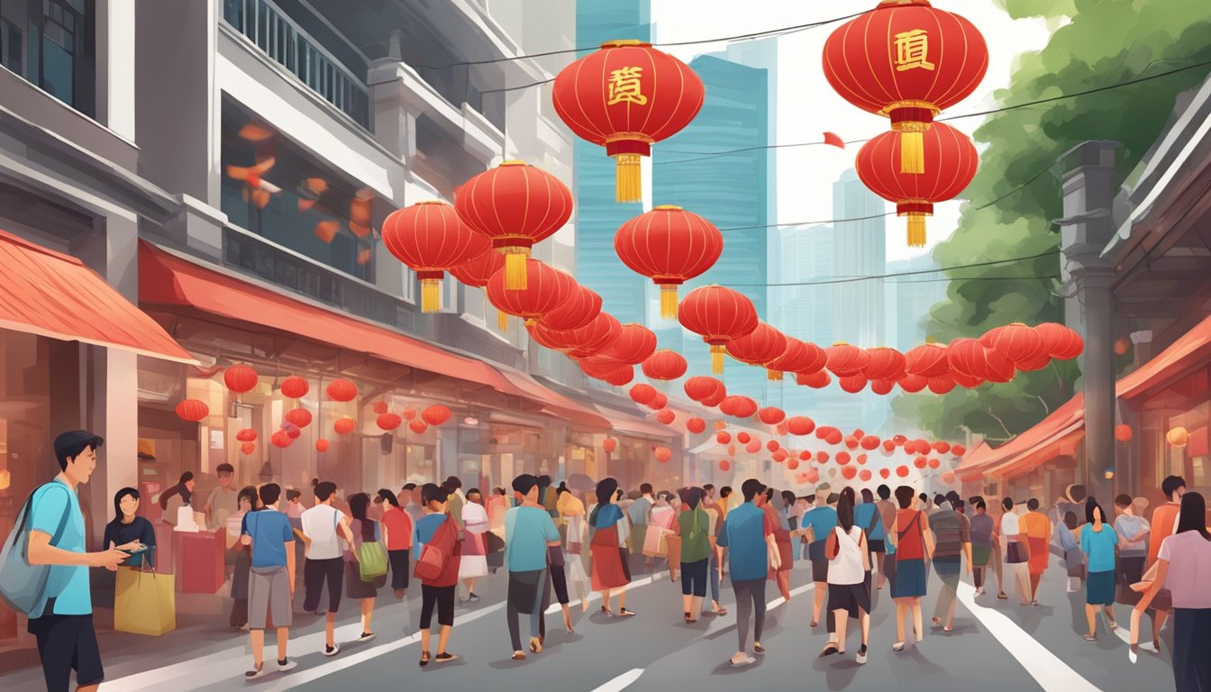 A group of digital red envelopes float through the bustling streets of Singapore, as people eagerly send and receive e-hongbao on their mobile devices