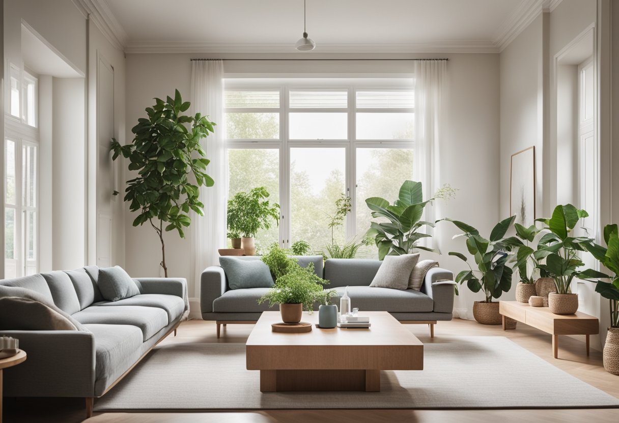 A bright, spacious living room with hypoallergenic furniture and air purifiers. Plants and natural light create a calming atmosphere