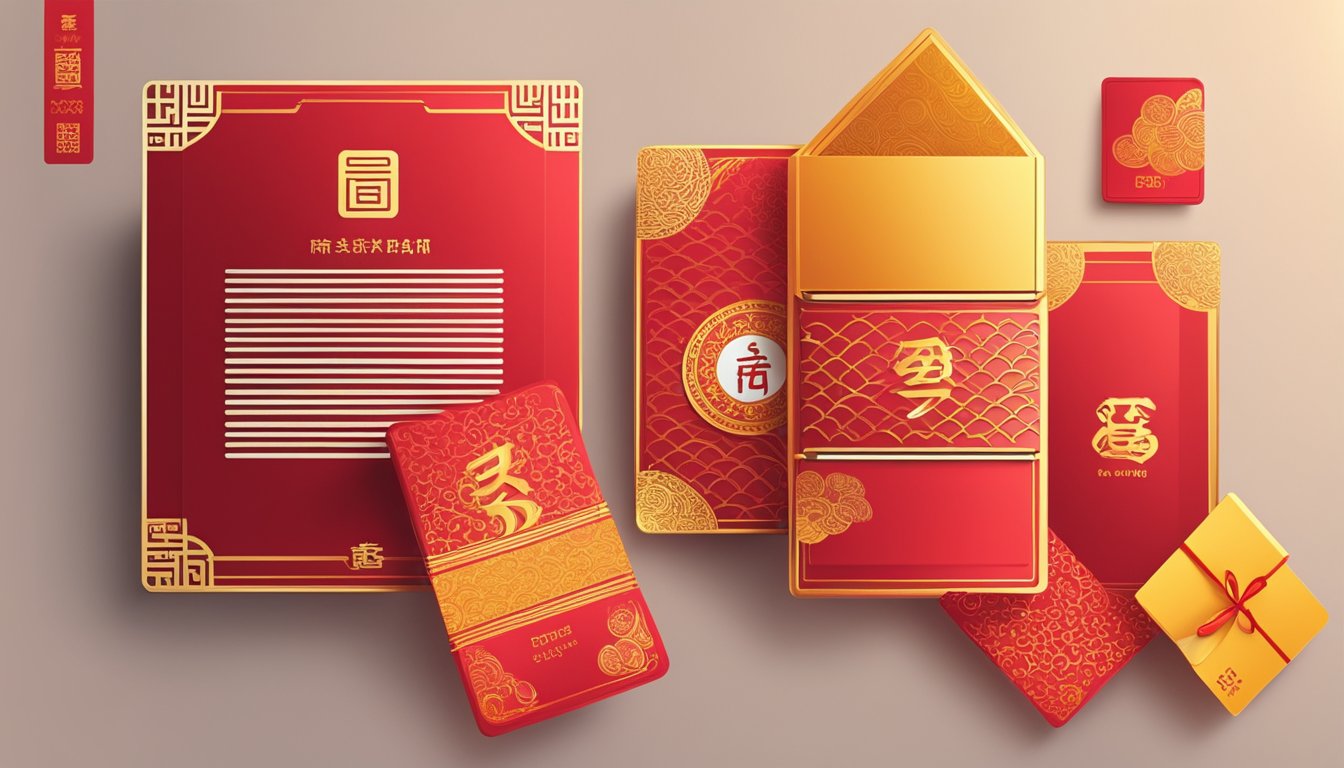 A digital platform with e-hongbao technologies in Singapore. Vibrant colors and modern design. Digital interface with traditional red envelopes