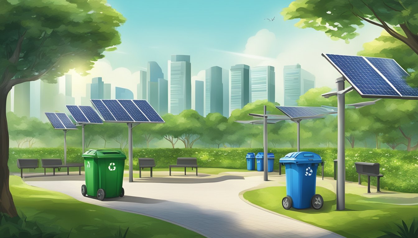A lush green park with solar panels and recycling bins, promoting environmental and safety benefits in Singapore