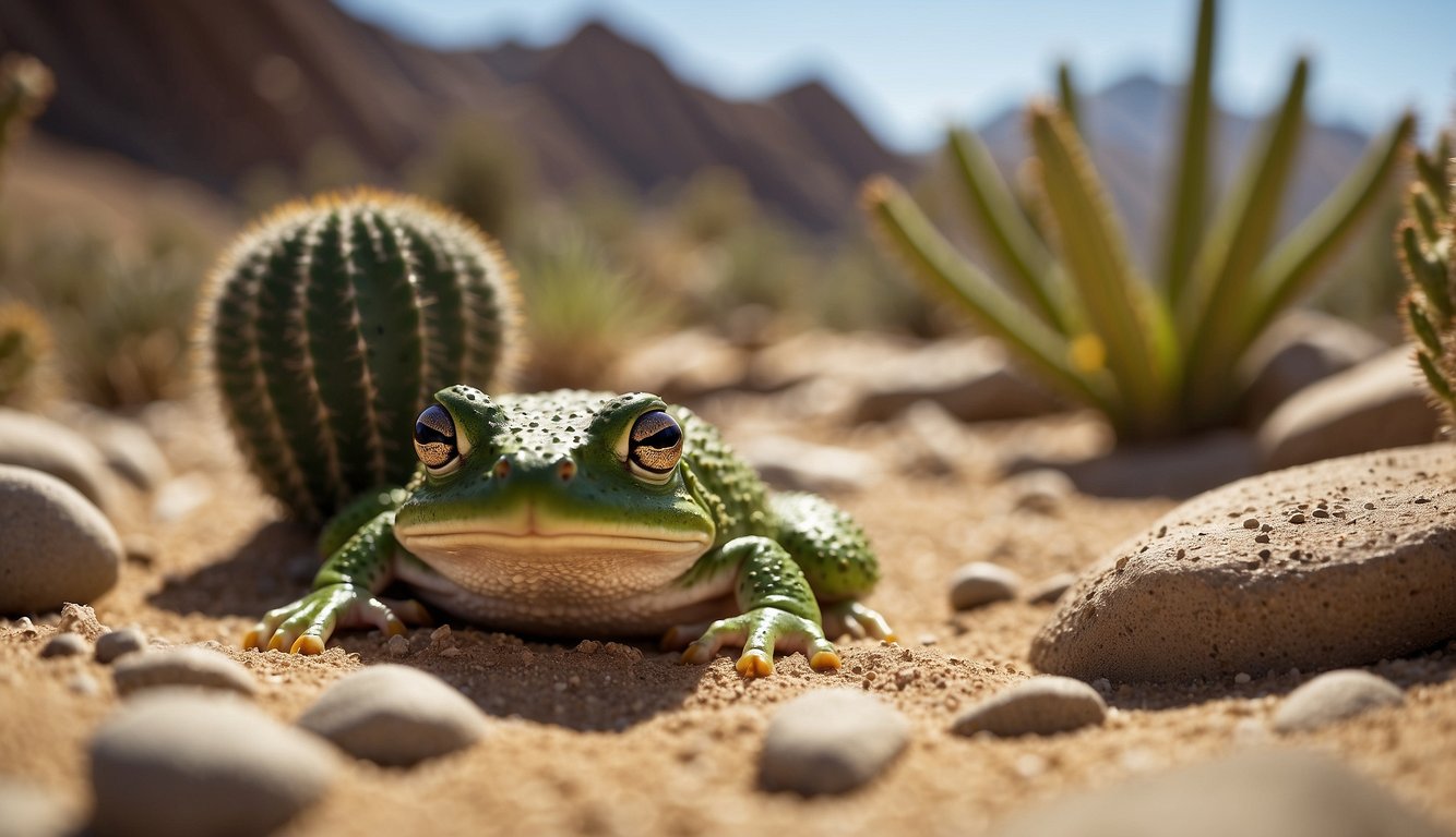 Desert scene with cacti, rocky terrain, and a small oasis.

A frog and toad are seen camouflaged in the sand and under rocks