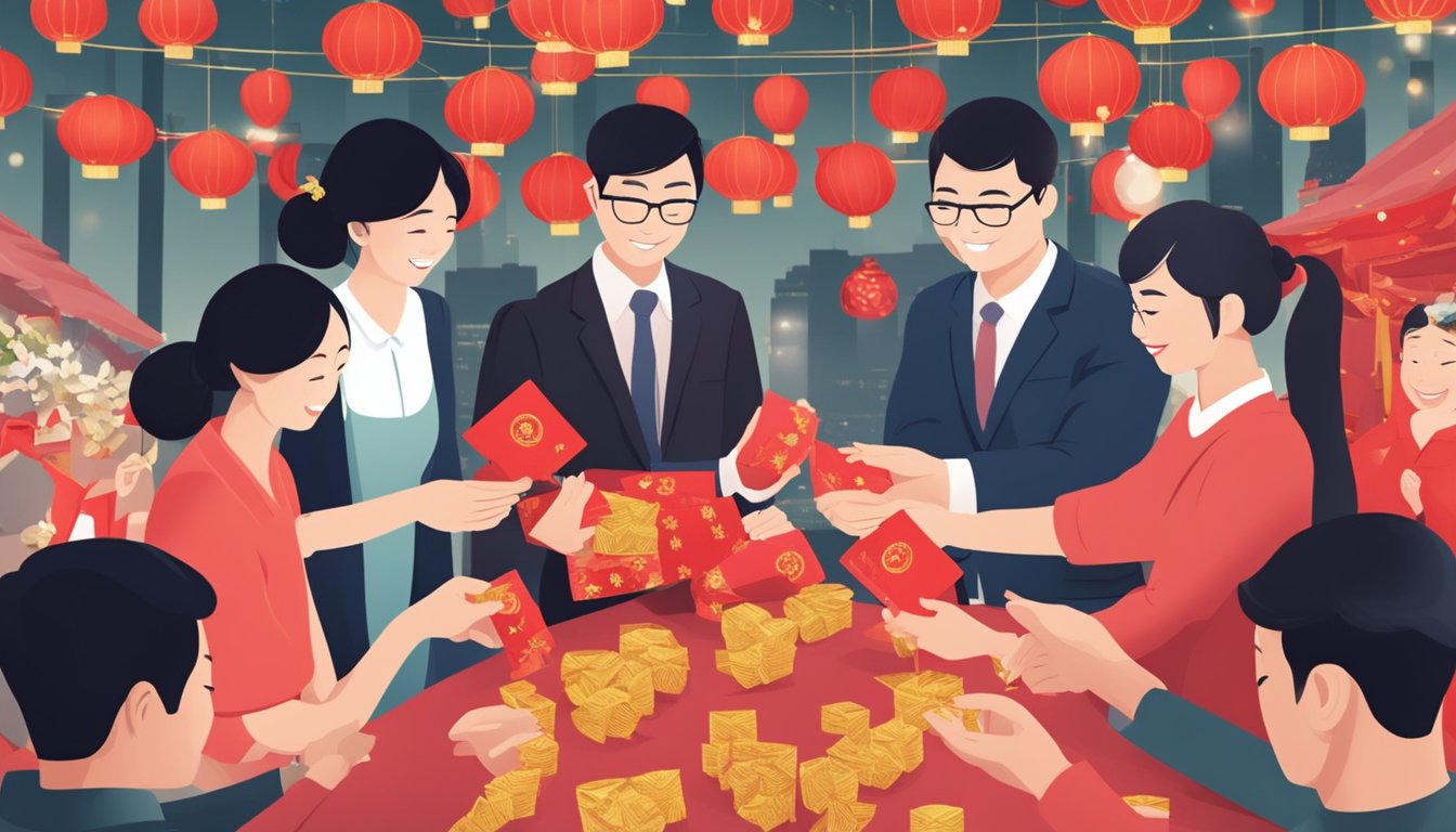 A group of people exchanging red envelopes in a festive setting, symbolizing generosity and social connections in Singaporean culture