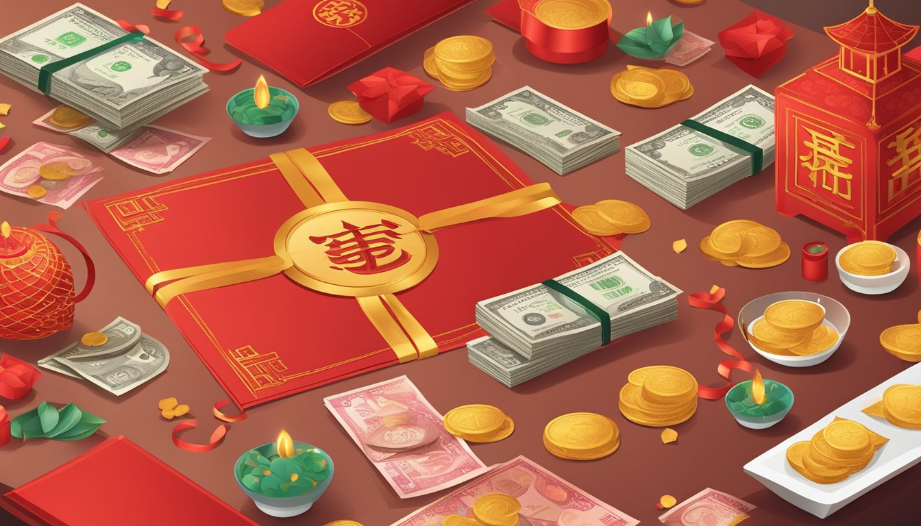 A table adorned with red envelopes, filled with money, and surrounded by festive decorations and traditional Chinese New Year symbols