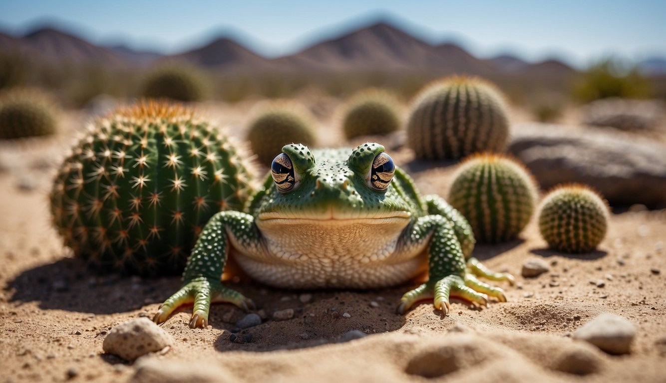 Desert landscape with cacti, rocks, and sand.

Various amphibians like spadefoot toads and desert frogs are shown in their natural habitat.

Conservation efforts, such as habitat restoration and protection, are depicted