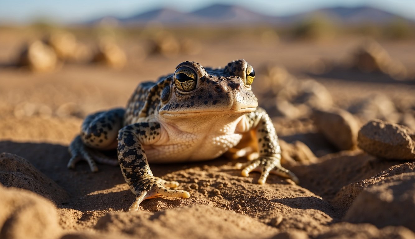 Various desert amphibians, such as spadefoot toads and desert frogs, can be depicted in their natural habitat.

They are shown among the dry, sandy terrain, seeking shelter in rocks and burrows