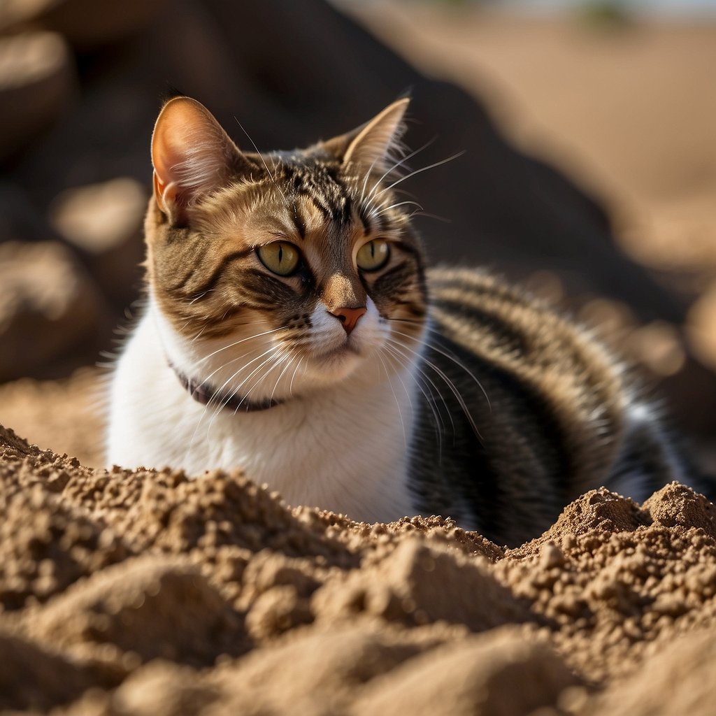 A cat stands in front of three piles of different materials: dirt, sand, and soil. Each pile is labeled with a question mark, indicating uncertainty about their suitability as cat litter