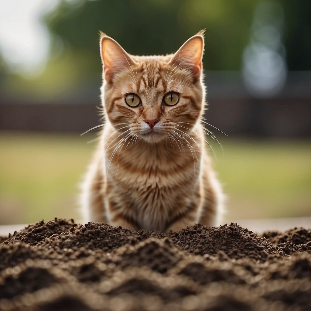 A cat stands by three different types of litter: dirt, sand, and soil. Pros and cons are listed next to each option