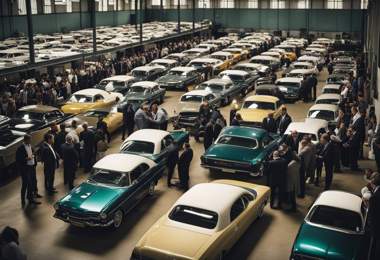 A crowded room with people inspecting vehicles, auctioneer calling out bids, and officials overseeing the process at a Detran auction
