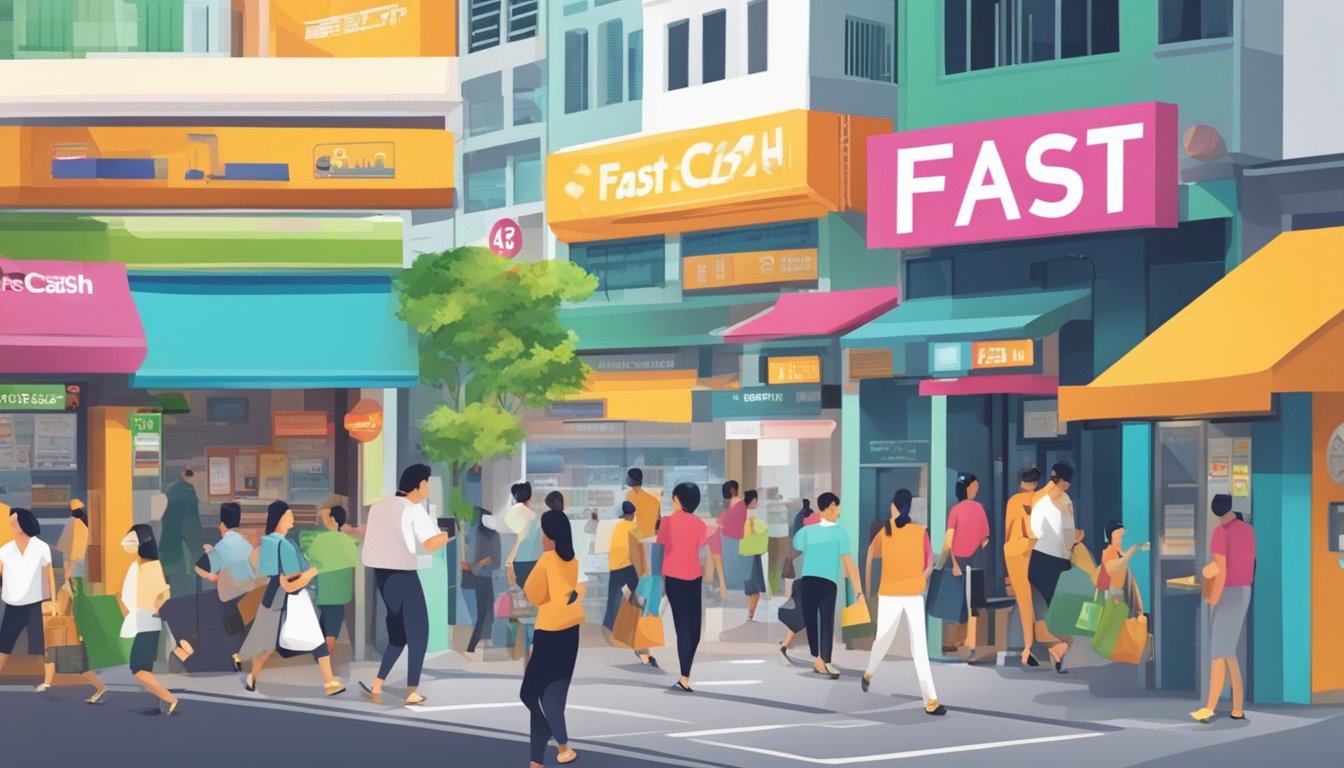 A bustling Singapore street with vibrant signs advertising "fast cash" services. People hurry in and out of money exchange shops and ATMs