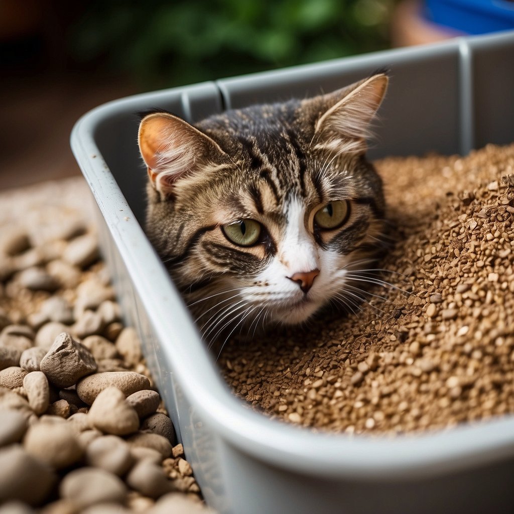 A cat litter box filled with dirt, sand, and soil. A cat sniffs the materials with a concerned expression. Nearby, warning signs about health risks and concerns are displayed