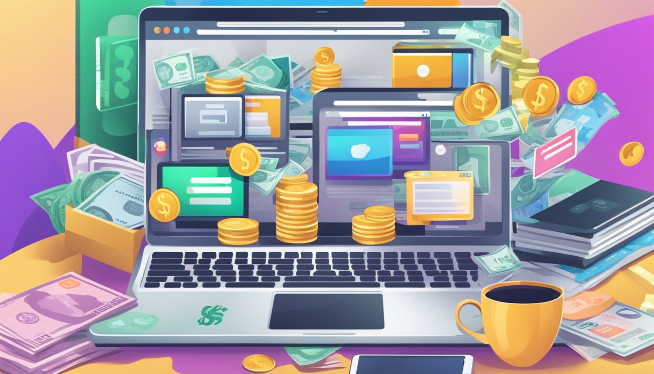 A laptop surrounded by stacks of money and various online logos, symbolizing the opportunity to earn fast cash through lucrative online platforms in Singapore