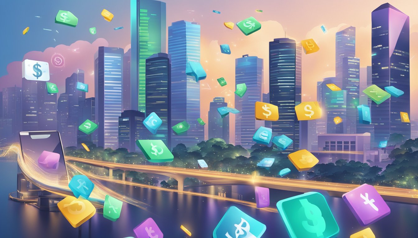 A bustling city skyline with digital devices and currency symbols floating above, representing fast cash earnings in Singapore