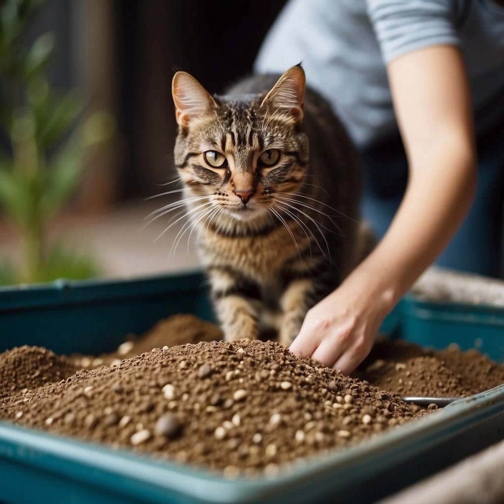 A cat owner pouring dirt, sand, and soil into separate litter boxes, with a curious cat observing the different options