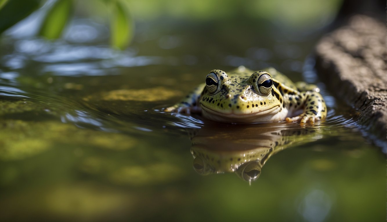 Amphibians adapt to survive: webbed feet for swimming, strong legs for jumping, and camouflage for hiding