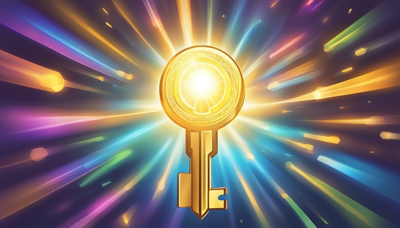 A bright light illuminates a key surrounded by a glowing aura, symbolizing the concept of identifying and capitalizing on one's greatest strengths