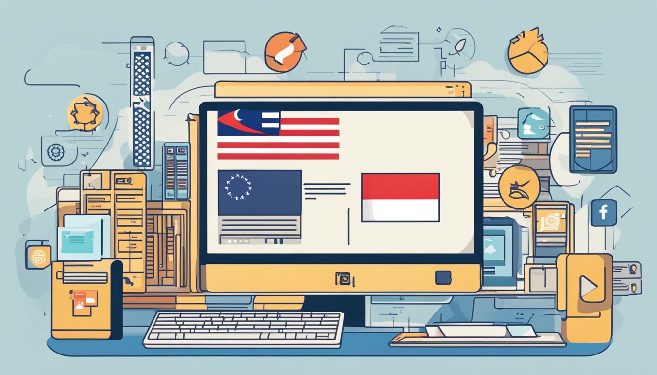 A computer with a Singaporean flag on the screen, surrounded by various icons representing online earning opportunities