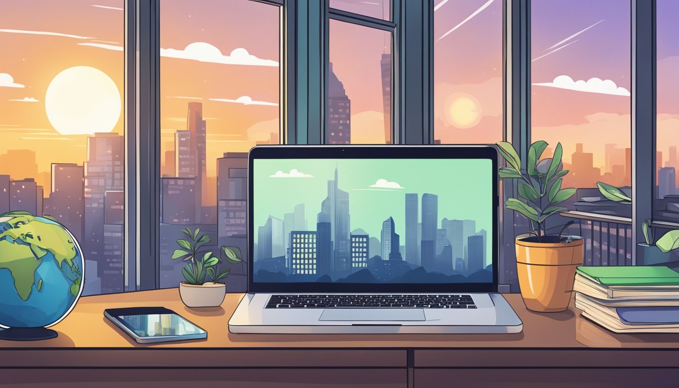 A laptop with a globe and money symbol on the screen, surrounded by a cozy home office setup with a city skyline in the background