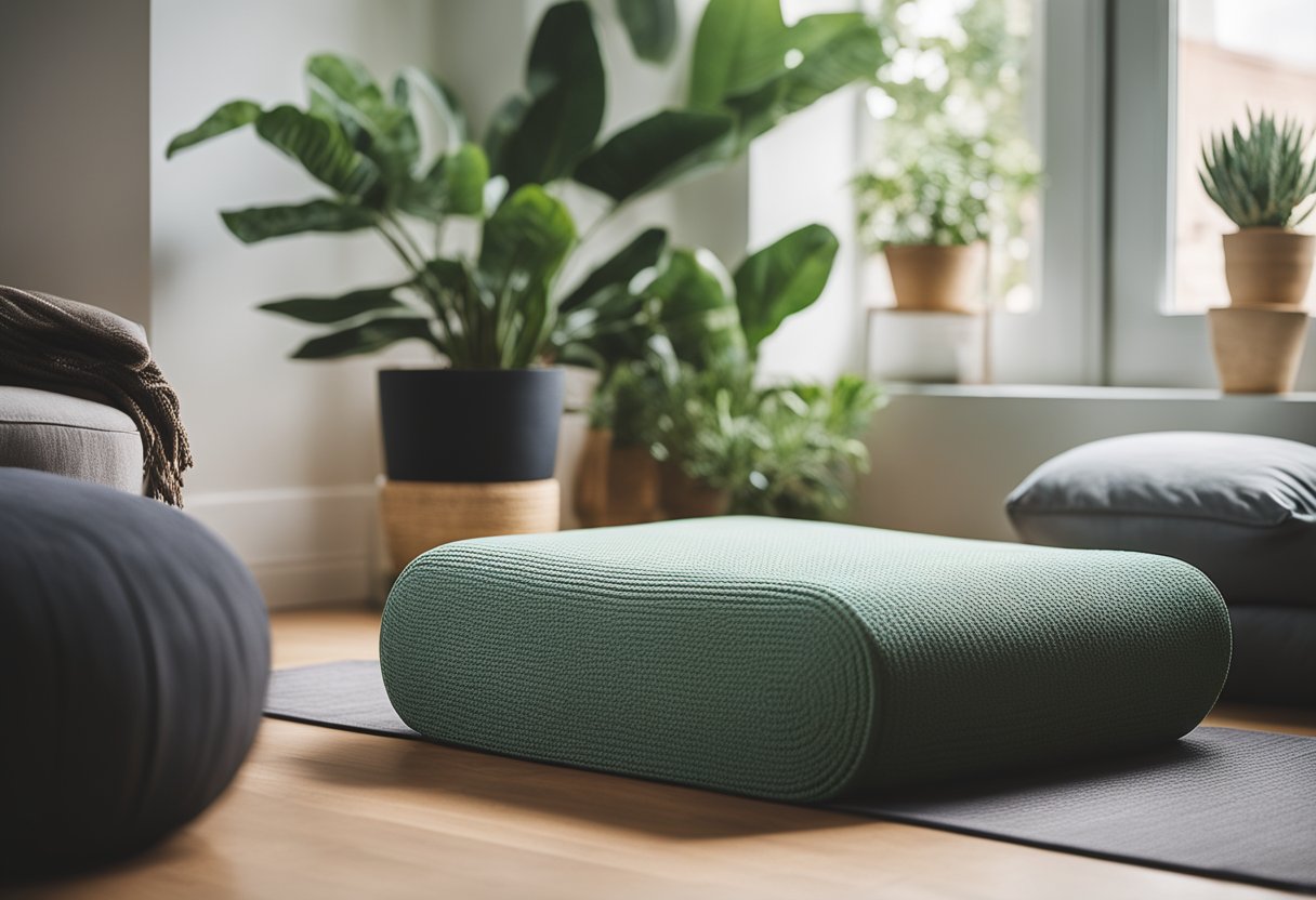 A cozy home with natural light, plants, and calming colors. A yoga mat and meditation cushion are set up in a peaceful corner