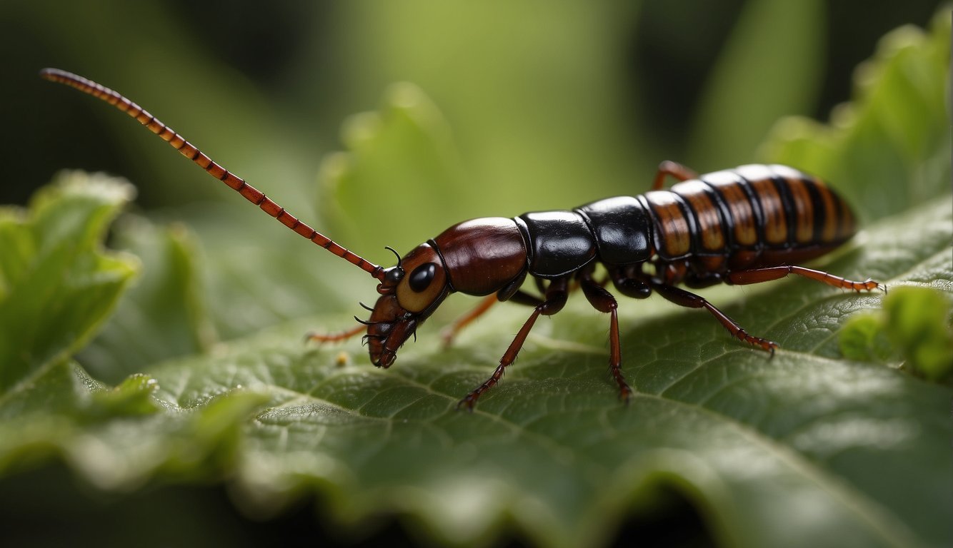 An earwig crawls across a leaf, its pincers raised. A small bottle of earwig bite treatment sits nearby