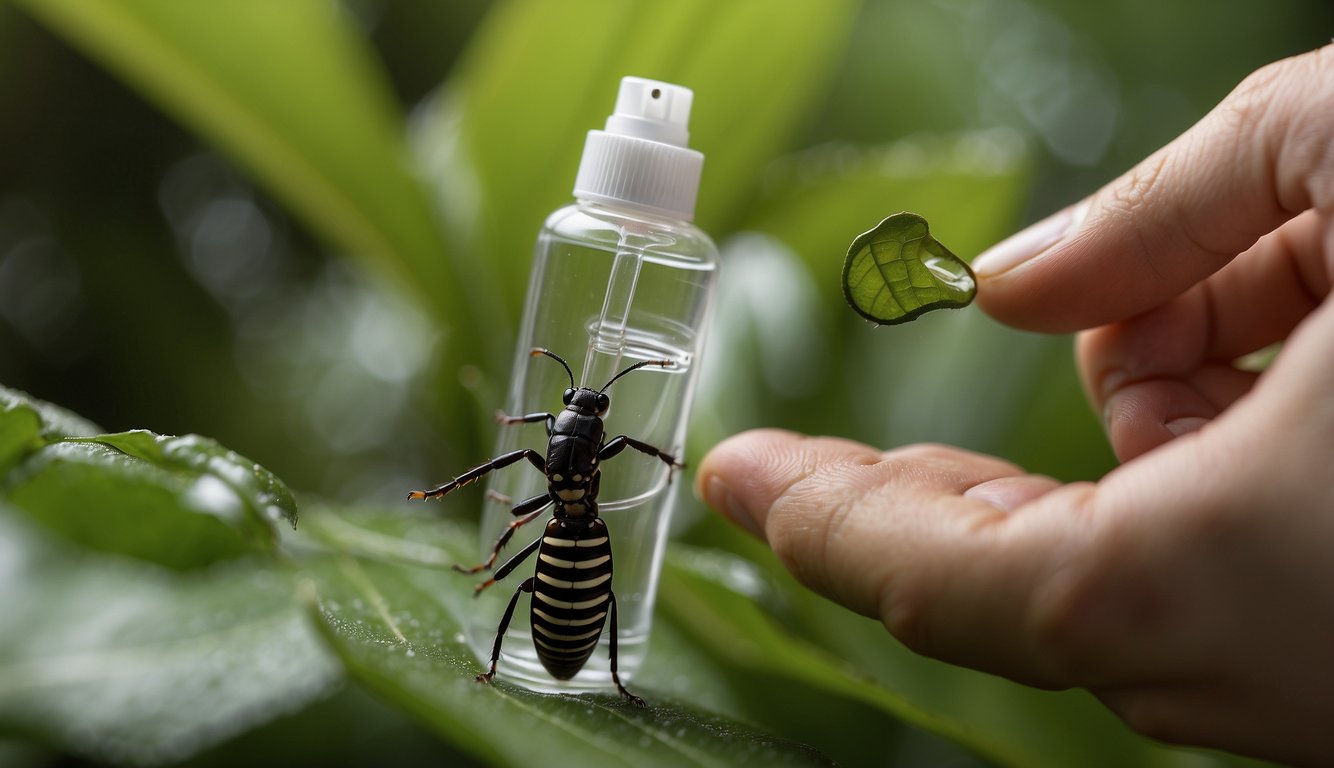 A hand reaching for a bottle of antiseptic spray next to a squirming earwig on a leaf
