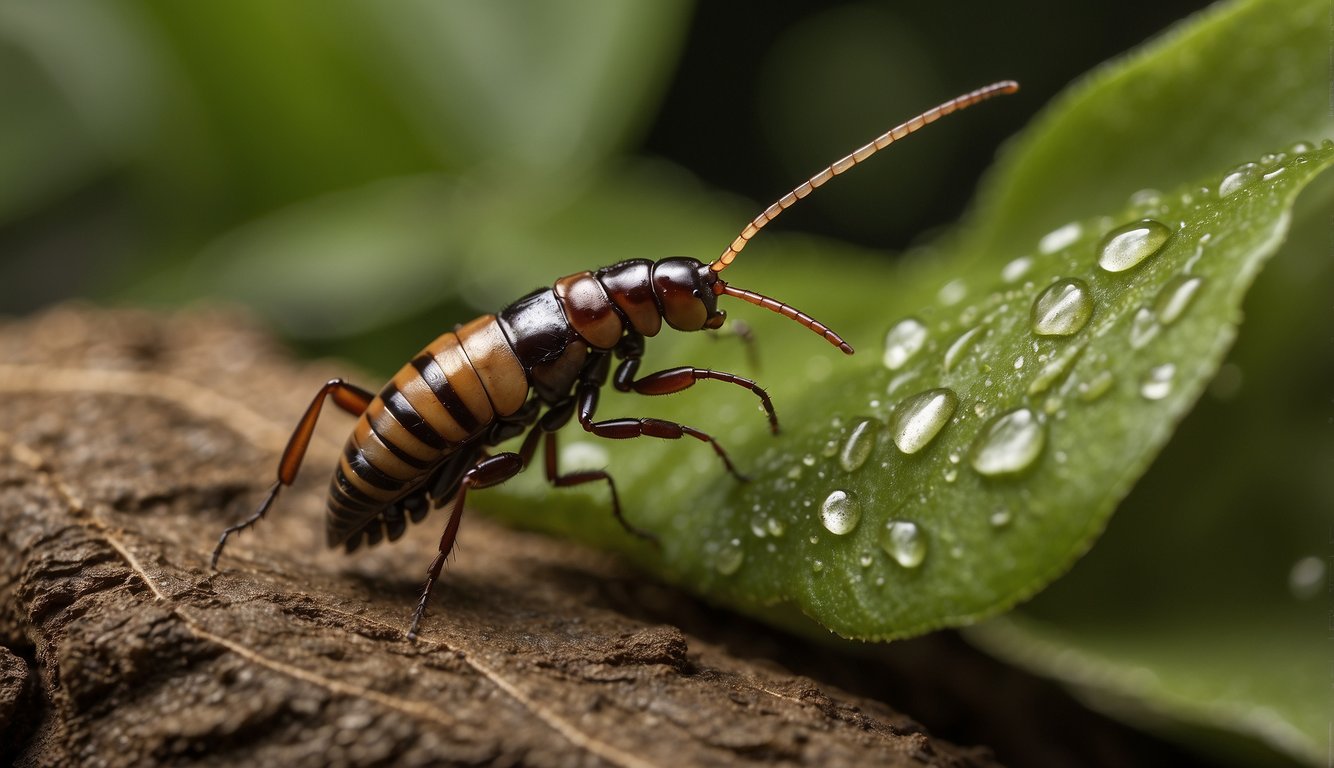 A small earwig crawls on a leaf, while a spray bottle labeled "earwig bite treatment" sits nearby