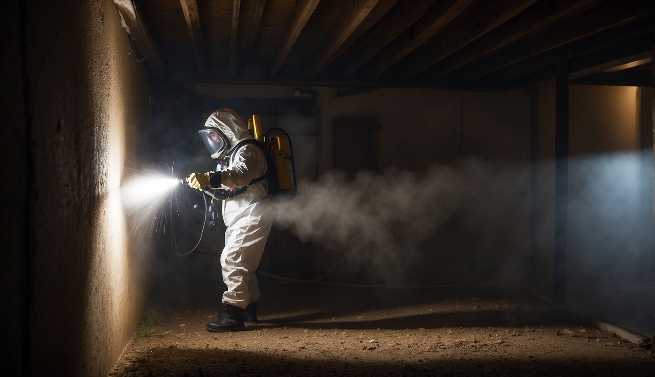 An exterminator sprays insecticide in a dark, damp corner of a basement to treat an earwig infestation