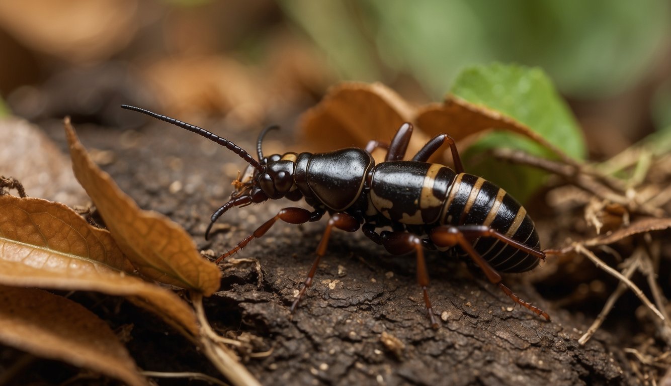 Earwigs crawling through decaying leaves, preying on small insects. A spider weaves its web nearby, while birds hunt for their next meal