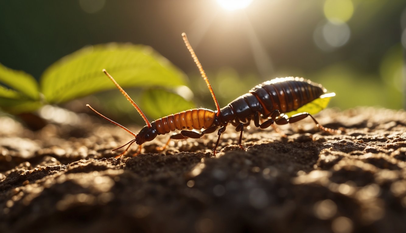 An earwig crawls towards a leaf, while a bottle of earwig bite treatment sits nearby. The sun shines down, casting a warm glow on the scene