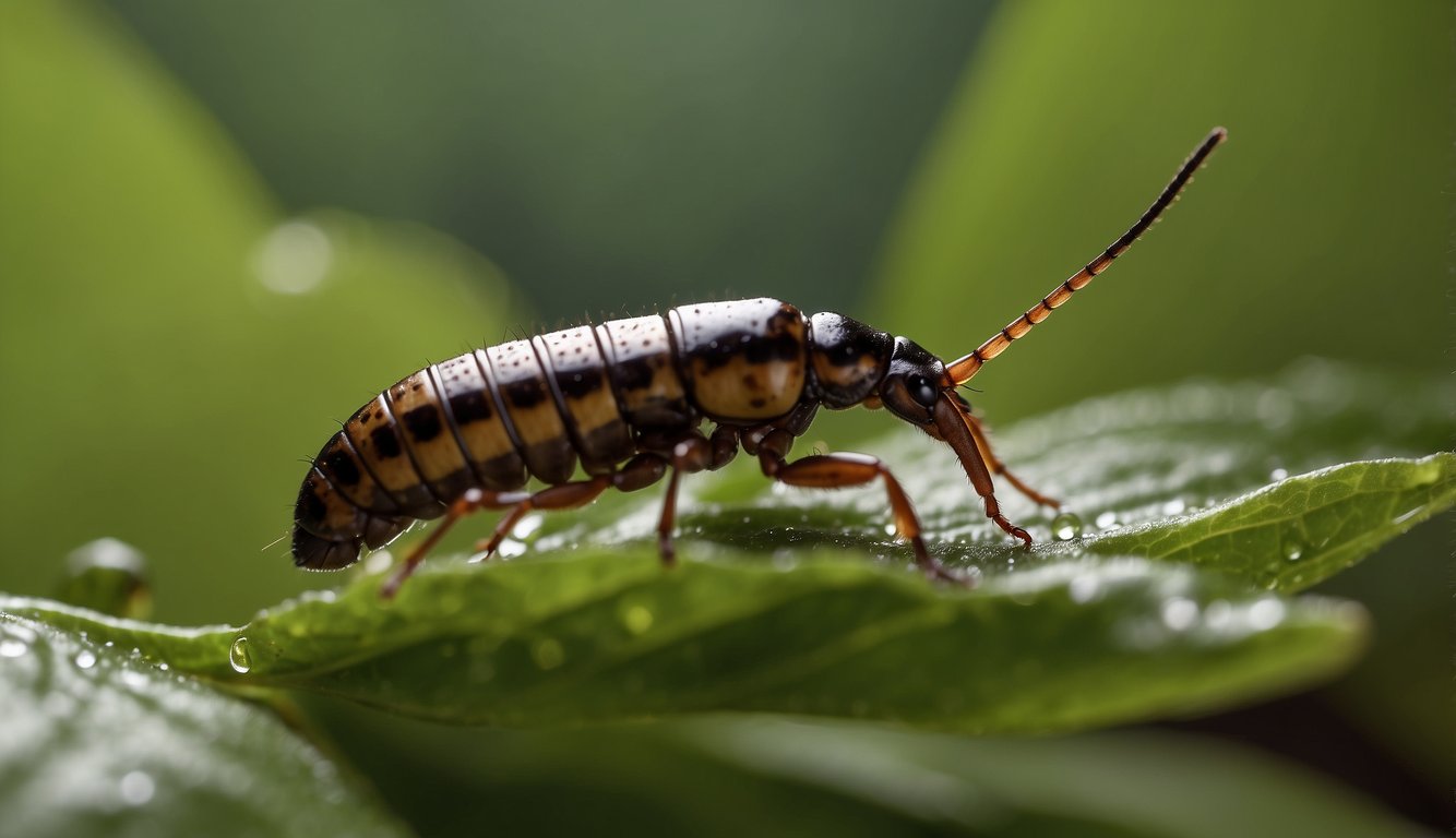 A small earwig crawls on a leaf, while a drop of liquid is applied to its pincers
